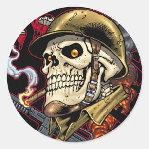 Skull with Helmet, Aeroplanes and Bombs Classic Round Sticker