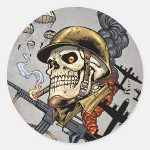 Skull with Helmet, Aeroplanes and Bombs Classic Round Sticker
