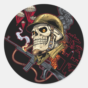 Skull with Helmet, Aeroplanes and Bombs Classic Round Sticker