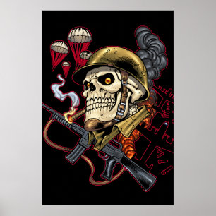 Skull with Helmet, Aeroplanes and Bombs Poster