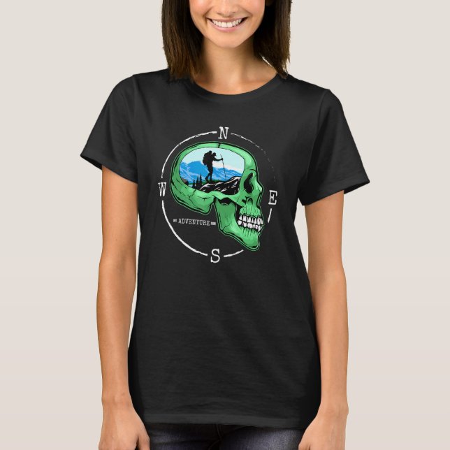 Skull with Hike Compass Hiker Outdoors Nature Hiki T-Shirt (Front)