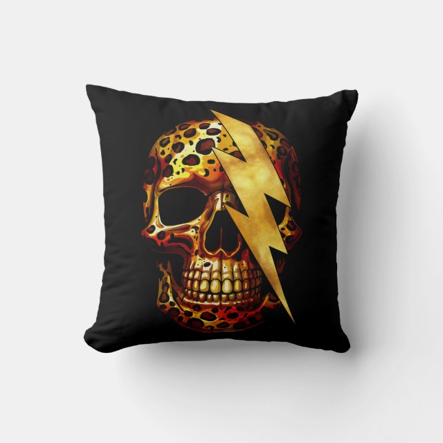 Skull with Leopard Print & Gold Spark Cushion (Front)