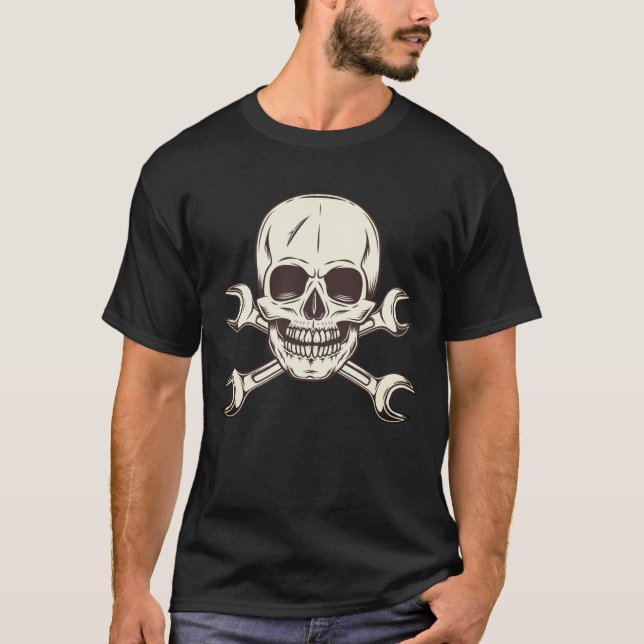 Skull with mechanic repair spanner wrench T-Shirt (Front)