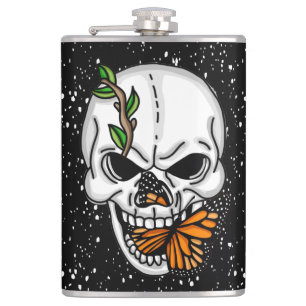 Skull with Monarch Butterflies Black Background  Hip Flask
