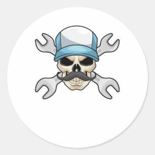Skull with Moustache & Wrench Classic Round Sticker