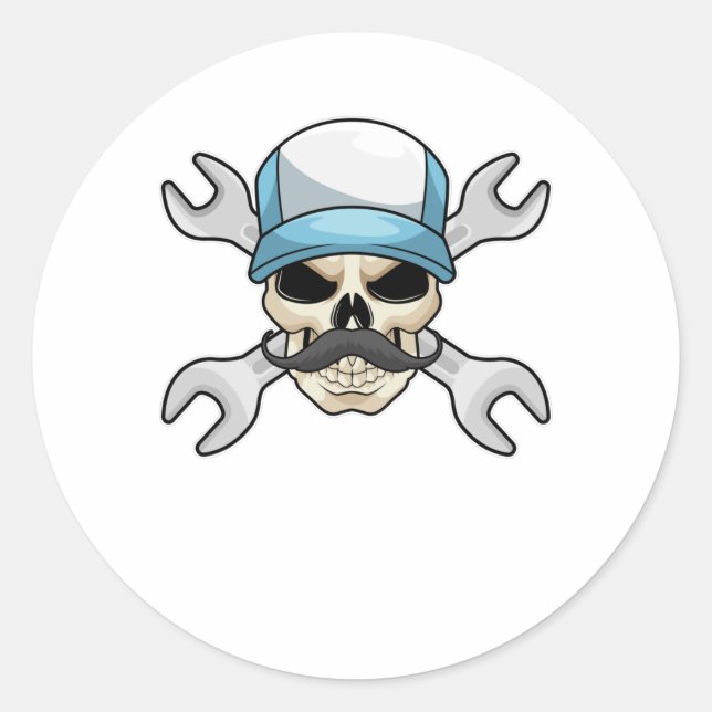 Skull with Moustache & Wrench Classic Round Sticker (Front)
