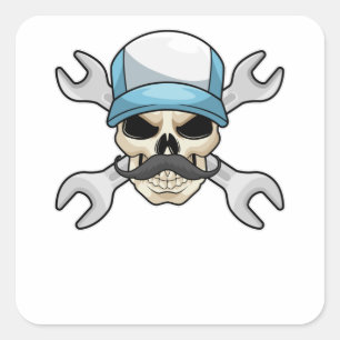 Skull with Moustache & Wrench Square Sticker
