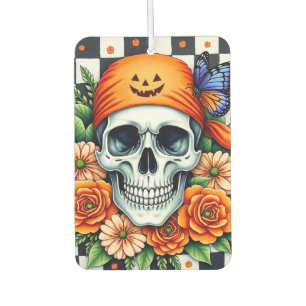 Skull With Orange Bandanna And Roses With Checkers Car Air Freshener