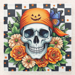 Skull With Orange Bandanna And Roses With Checkers Glass Coaster
