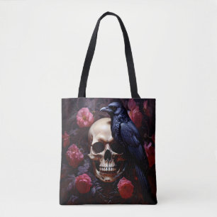 Skull with Raven and Roses Tote Bag