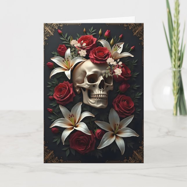 Skull with Red and White Flowers Birthday Card (Front)