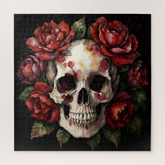 Skull With Red Roses On Black Jigsaw Puzzle (Vertical)