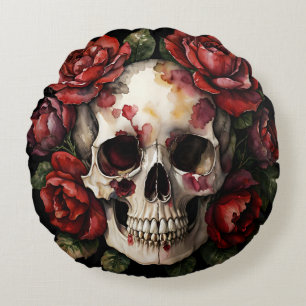 Skull With Red Roses Round Cushion
