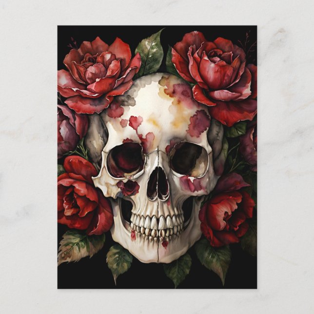 Skull WIth Red Roses Watercolor Postcard (Front)