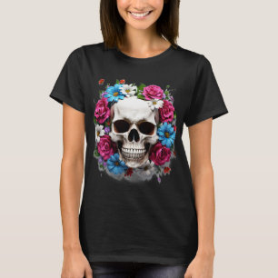 Skull with Red White and Blue Flowers T-Shirt