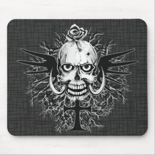 Skull With Rose, Horns, Cross, Wings Illustration Mouse Pad