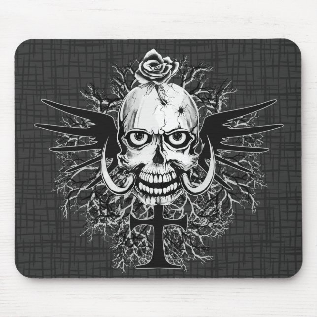 Skull With Rose, Horns, Cross, Wings Illustration Mouse Pad (Front)