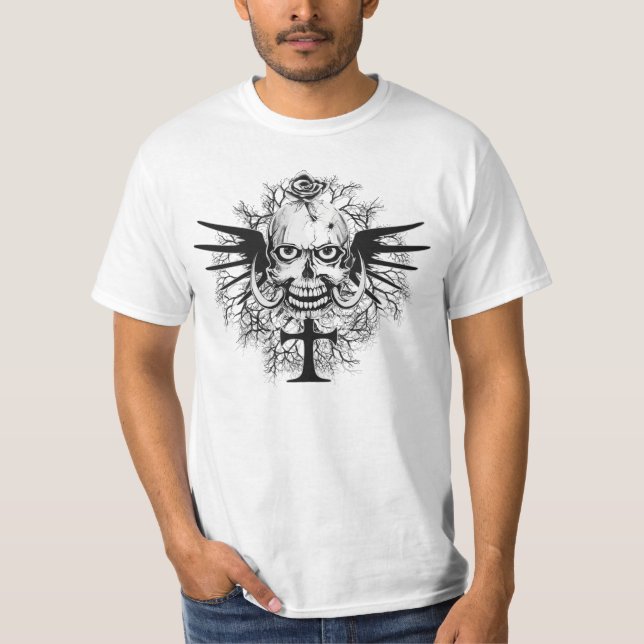 Skull With Rose, Horns, Cross, Wings Illustration T-Shirt (Front)