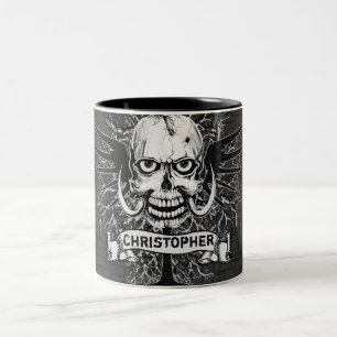 Skull With Rose, Horns, Cross, Wings Personalise Two-Tone Coffee Mug