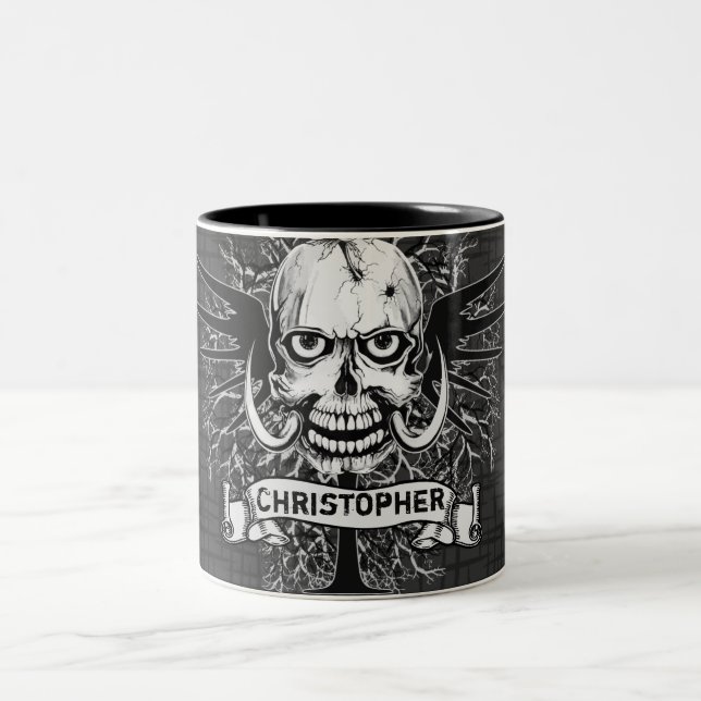 Skull With Rose, Horns, Cross, Wings Personalise Two-Tone Coffee Mug (Center)