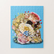 Skull with roses and blue floral spider