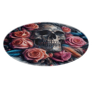 Skull with Roses and Bluebird Cutting Board