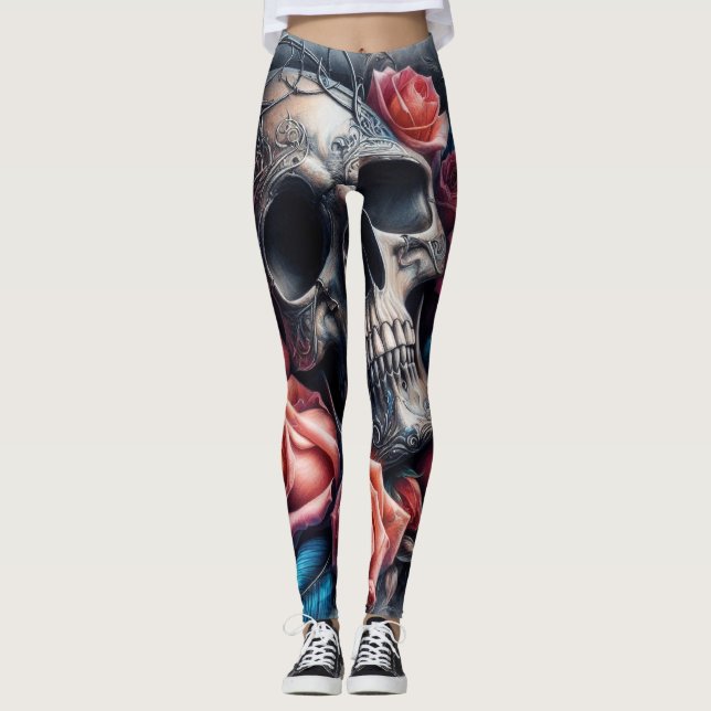 Skull with Roses and Bluebird Leggings (Front)