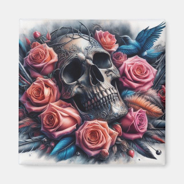 Skull with Roses and Bluebird Magnet (Front)