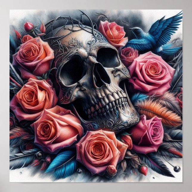 Skull with Roses and Bluebird Poster (Front)