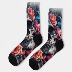 Skull with Roses and Bluebird Socks