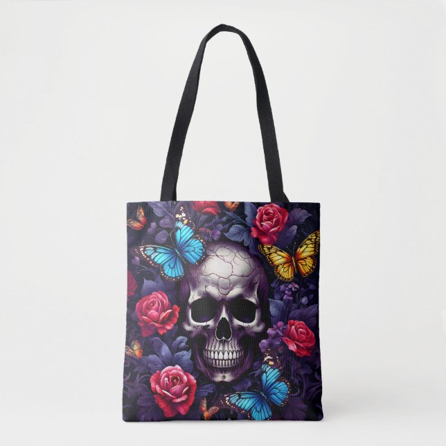 Skull with Roses and Butterflies Goth Tote Bag (Front)