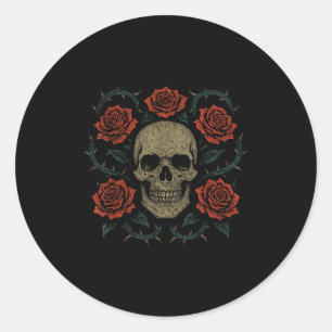 Skull With Roses Gothic Floral Dark Aesthetic Appa Classic Round Sticker