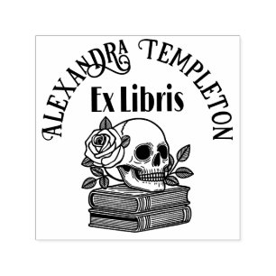 Skull with Roses on Books #5PS with Ex Libris Name Self-inking Stamp