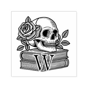 Skull with Roses on Books #6PS Initial Monogram Self-inking Stamp