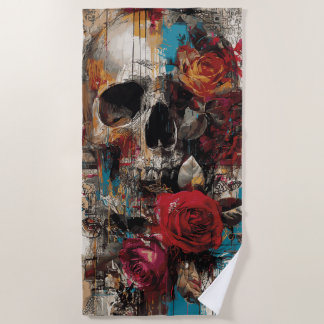 Skull with Roses Street Art Floral Grunge Design Beach Towel