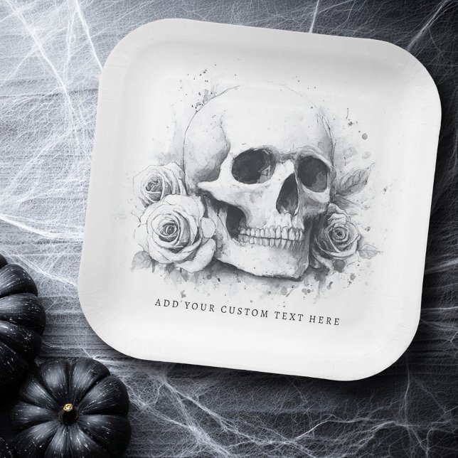 Skull with roses watercolor painting paper plate (Skull with roses watercolor painting paper plates)