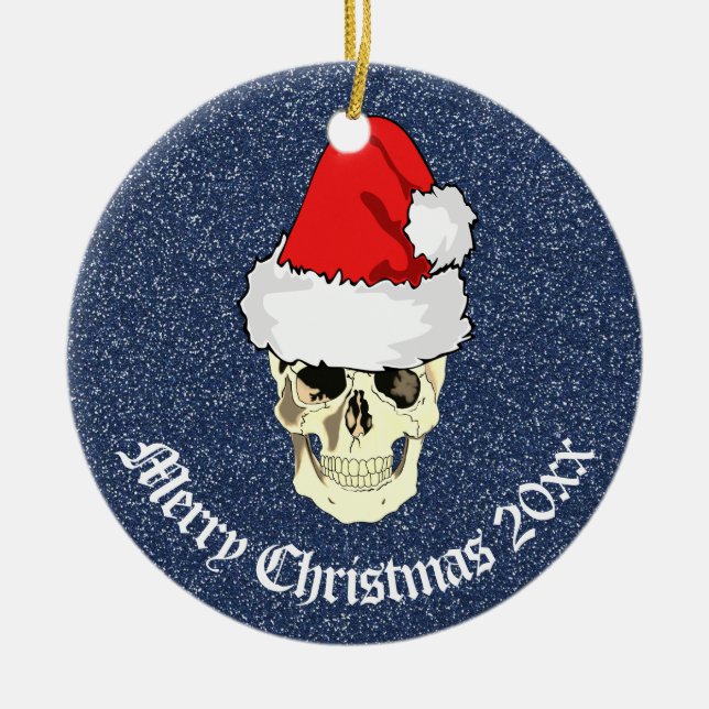 Skull with Santa hat "Christmas 20xx"  Ceramic Ornament (Front)