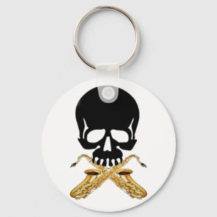 Skull with Saxophone as Crossbones Key Ring