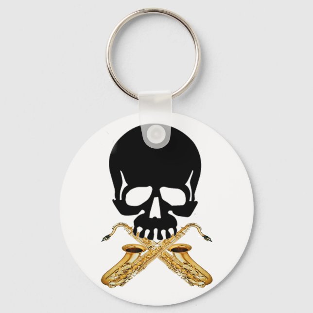 Skull with Saxophone as Crossbones Key Ring (Front)