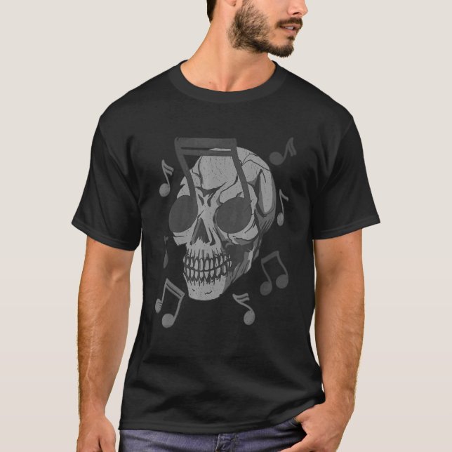 Skull with Sunglasses Shaped Like a Note T-Shirt (Front)