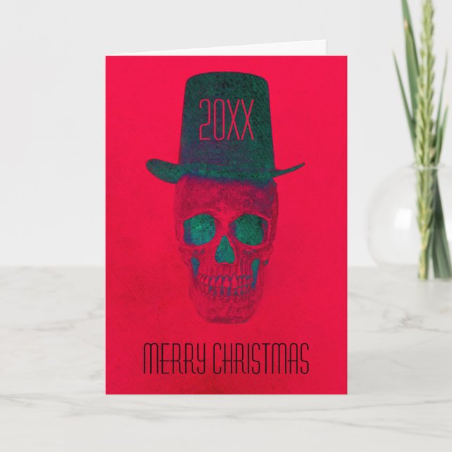 Skull With Top Hat Red Green Halloween Christmas Card (Front)