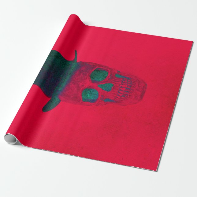 Skull With Top Hat Red Green Halloween Christmas Wrapping Paper (Unrolled)