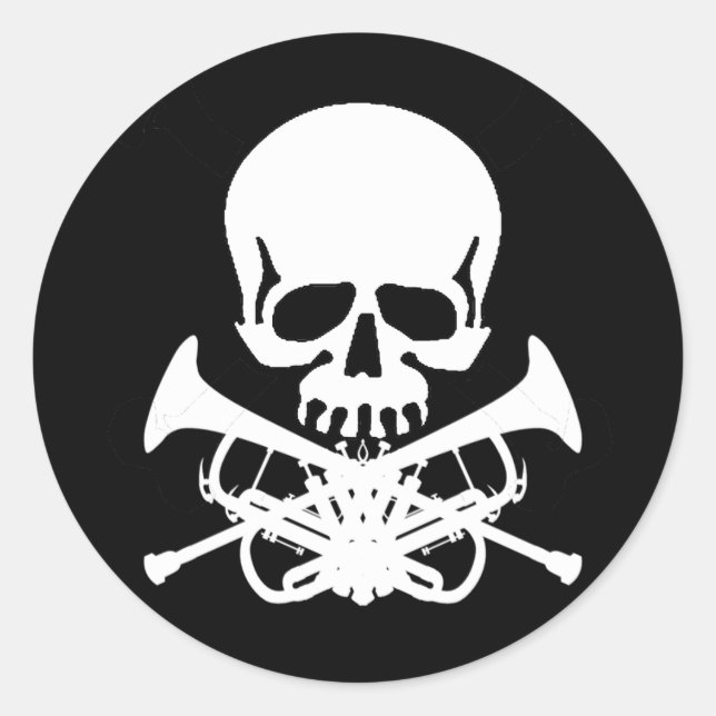 Skull with Trumpets as Crossbones Classic Round Sticker (Front)