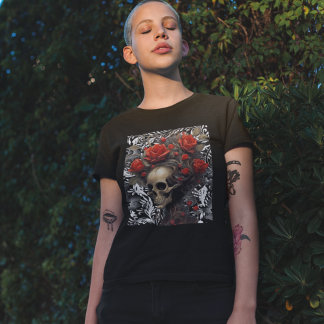 Skull With Wild Hair Roses In Vintage Leaves T-Shirt