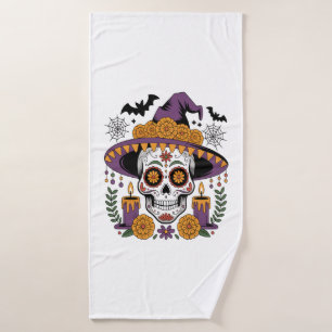 Skull with Witch Hat Halloween Vector Bath Towel