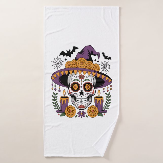 Skull with Witch Hat Halloween Vector Bath Towel (Bath Towel)