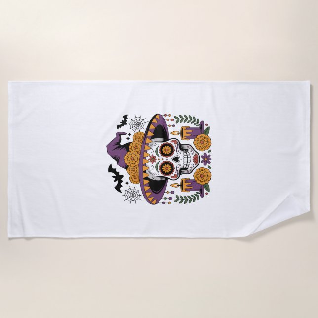 Skull with Witch Hat Halloween Vector Beach Towel (Front)