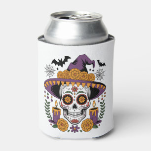 Skull with Witch Hat Halloween Vector Can Cooler