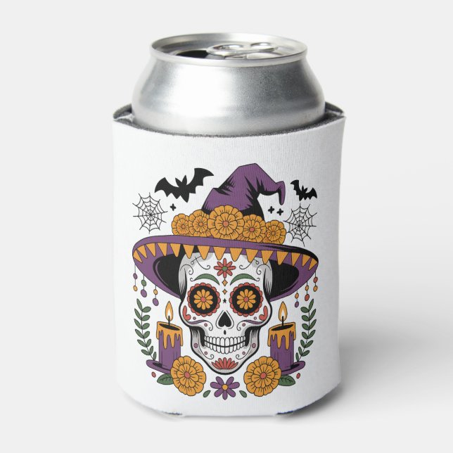 Skull with Witch Hat Halloween Vector Can Cooler (Can Front)