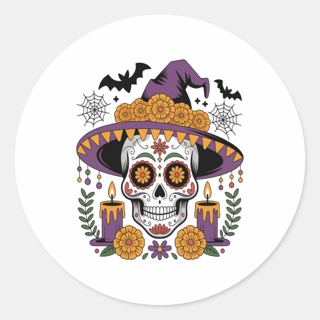 Skull with Witch Hat Halloween Vector Classic Round Sticker (Front)